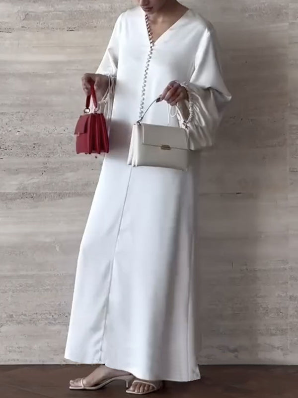 Robe chemise ample à manches bouffantes, à cordon de serrage, à empiècements, à col en V, couleur unie