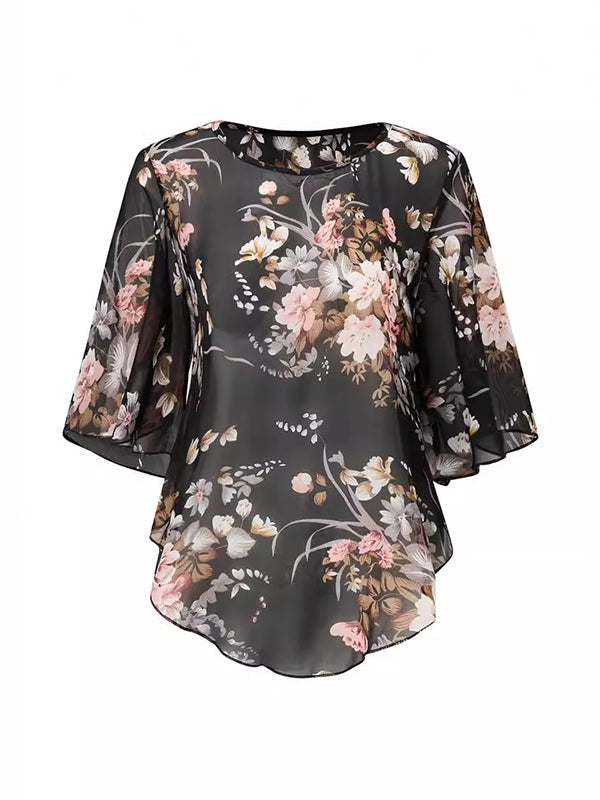 Kimono transparent à manches chauve-souris, à manches mi-longues, à imprimé floral, à col rond