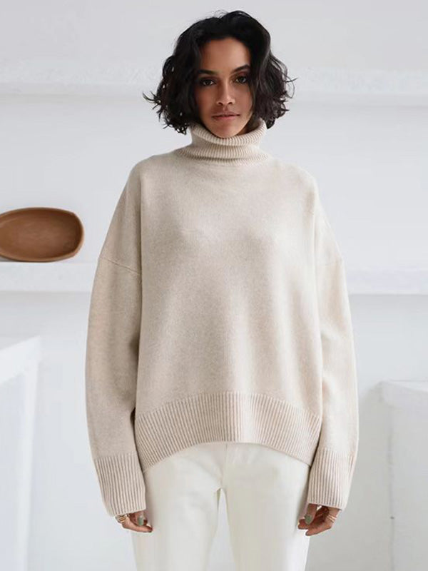 Pull décontracté ample à manches longues, à col haut, couleur unie