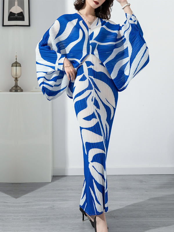 Robe mi-longue imprimée plissée à manches chauve-souris, à manches longues, à col en V, couleur contrastée