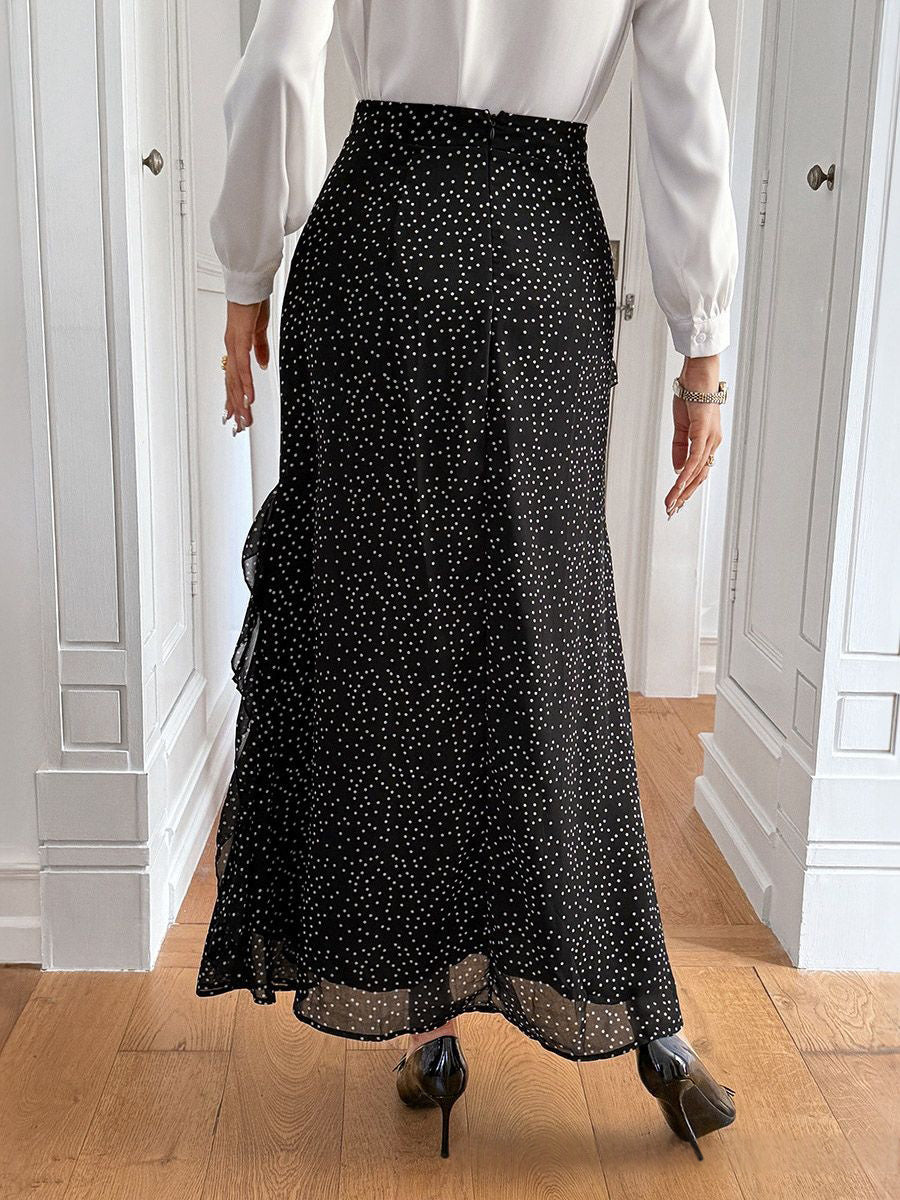 Jupe superposée volantée coupe trapèze, taille haute, à pois, à empiècements, couleur contrastée