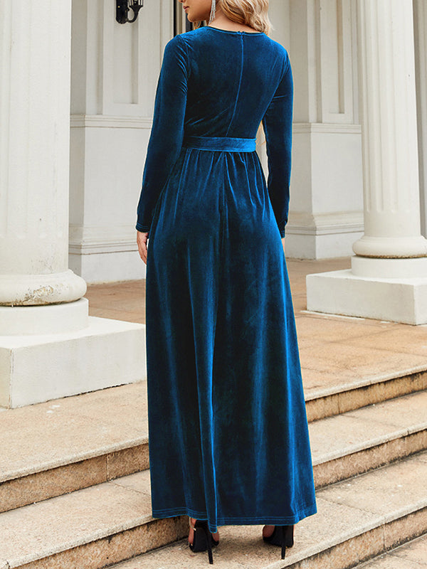 Robe longue plissée à manches longues, coupe portefeuille, avec ceinture, à fermeture éclair, à col rond, couleur unie
