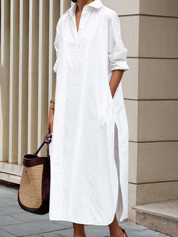 Robe chemise mi-longue à manches longues et poches boutonnées, couleur unie, revers fendu sur le côté