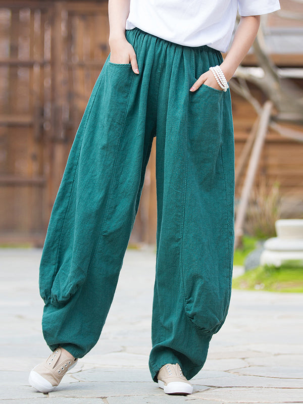 Pantalon en lin décontracté à jambes larges, taille haute, couleur unie, 7 couleurs