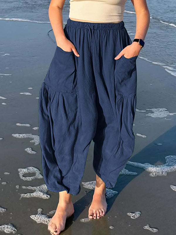 Pantalon ample plissé taille haute, à cordon de serrage, à taille élastique, à poches, couleur unie