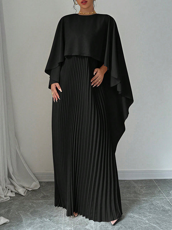 Robe de soirée longue plissée style cape, à ourlet plongeant, à empiècements, à col rond, couleur unie