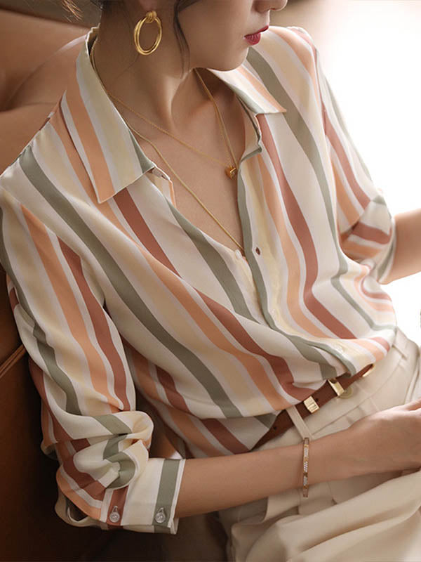 Chemise multicolore rayée à manches longues, à col revers