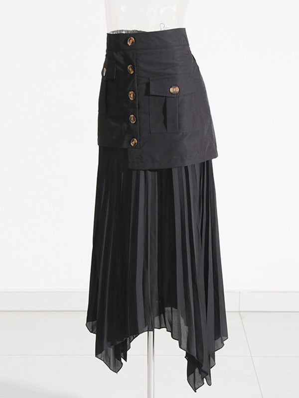 Jupe ample asymétrique boutonnée plissée coupe trapèze, à empiècements, à fermeture éclair