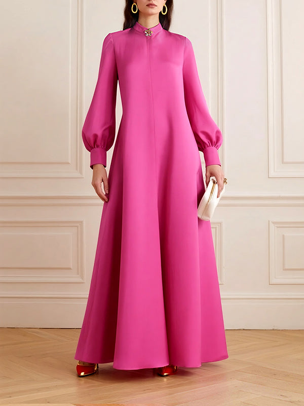 Robe chemise à manches bouffantes, à empiècements, à col rond, couleur unie