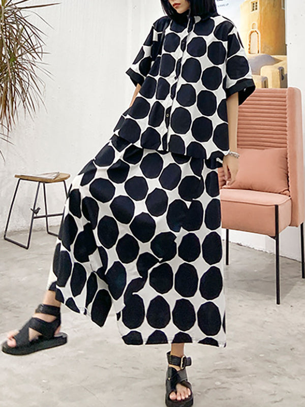 Ensemble deux pièces boutonné à manches chauve-souris, à pois, à col rond, à taille élastique, à poches – chemise + haut + sarouel + pantalon