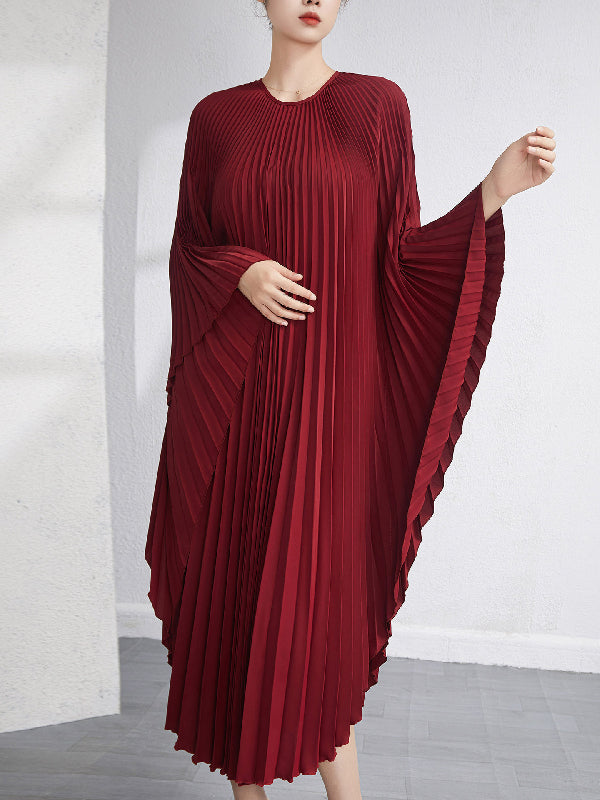 Robe longue ample plissée à manches chauve-souris, couleur unie