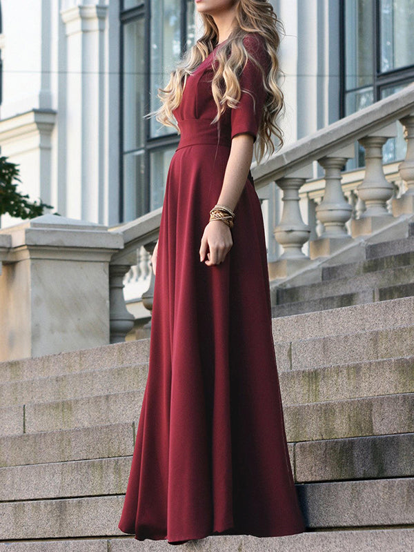 Robe longue à manches mi-longues, taille haute, à taille nouée, à col en V, couleur unie