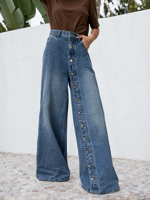 Jean ample boutonné taille haute, à poches