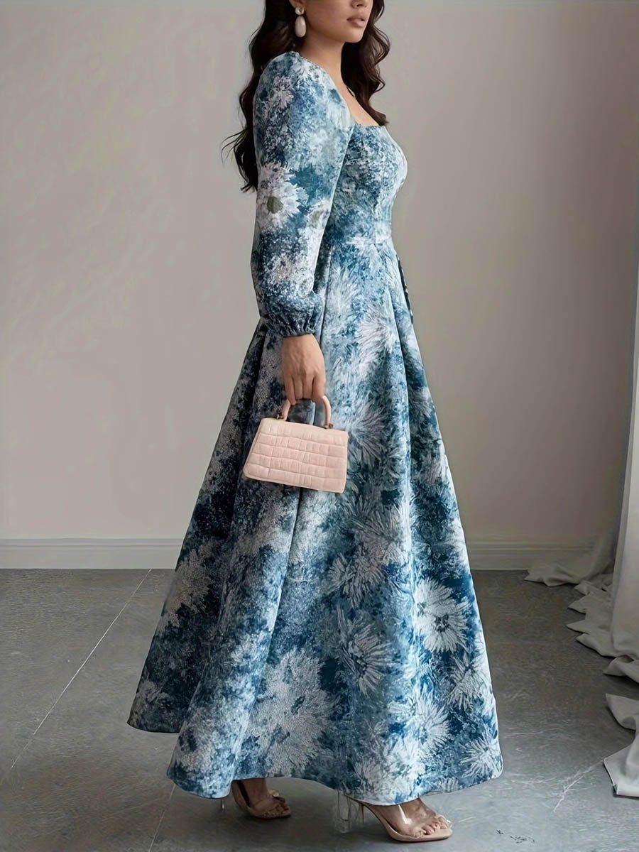 Robe longue plissée coupe trapèze, taille haute, à imprimé floral, à empiècements, à col carré, couleur contrastée