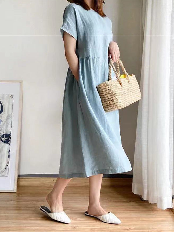 Robe mi-longue décontractée ample à col rond, couleur unie