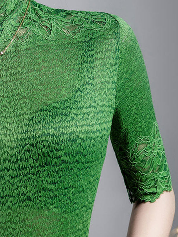 Faux Deux Demi Manches Légèrement Transparent à empiècements Texturé Col Haut T-shirts