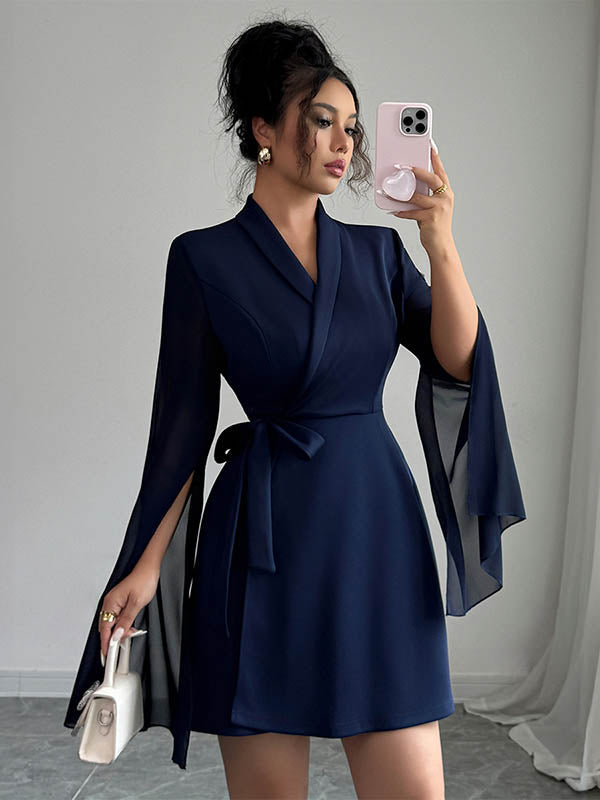 Trapèze taille élastiquée entrelacé transparent couleur unie à empiècements taille nouée sur le côté col en V Robes courtes