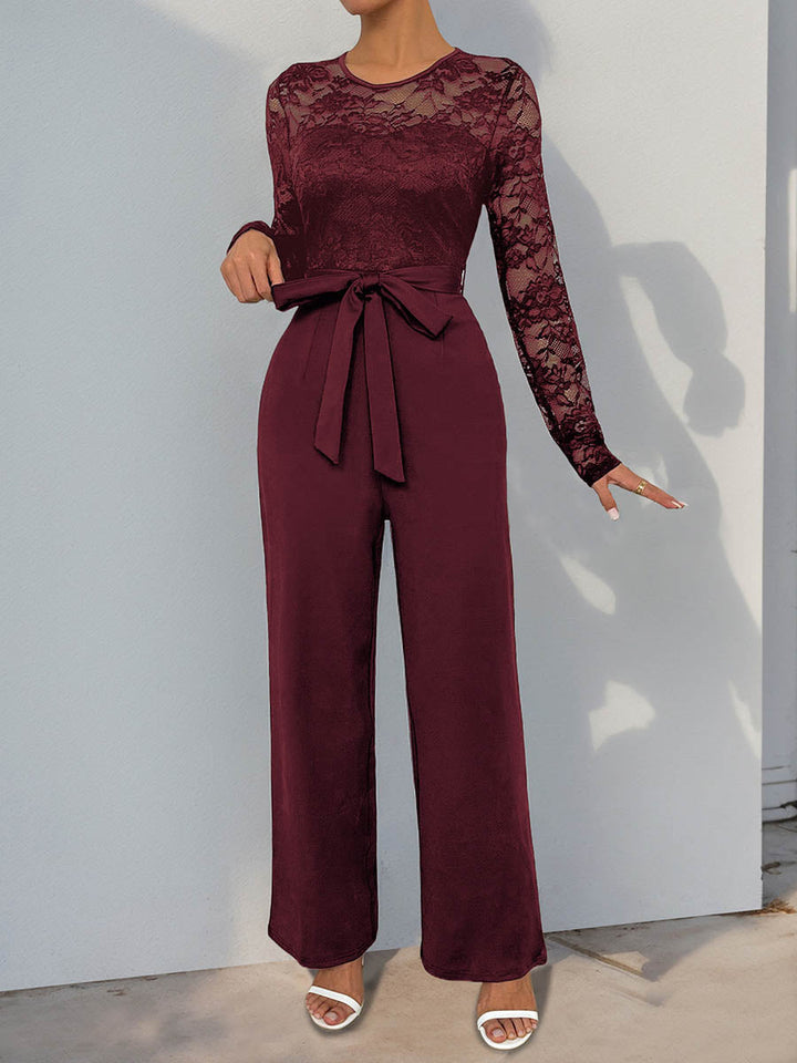 Combinaison transparente coupe droite, taille haute, à empiècements, à taille nouée, à col rond, couleur unie