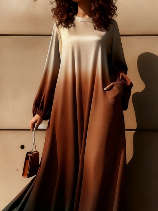 Robe longue coupe trapèze, à manches longues, à taille élastique, en dégradé, à poches, à col rond