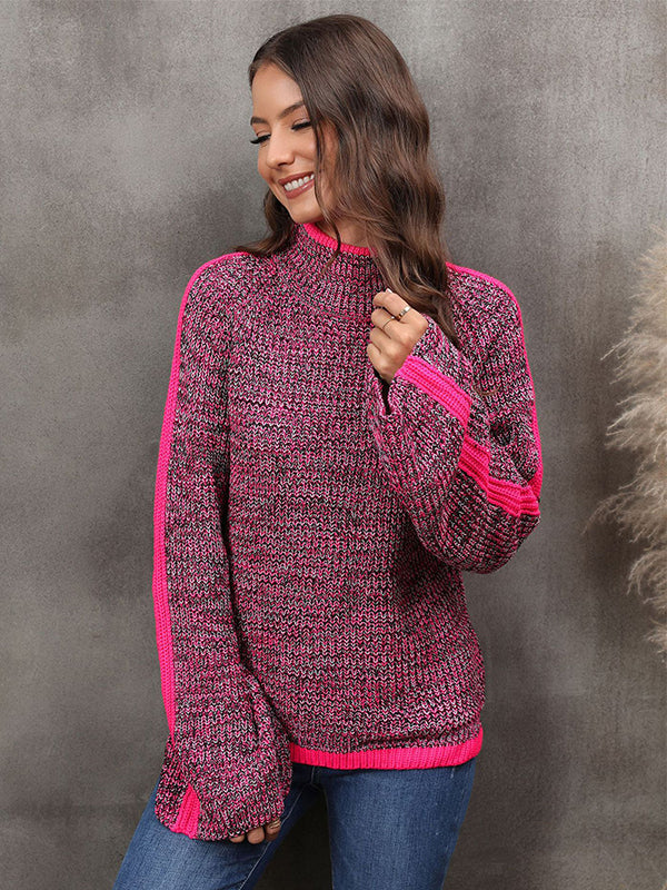 Pull décontracté à manches longues, ample, couleur contrastée, demi-col roulé