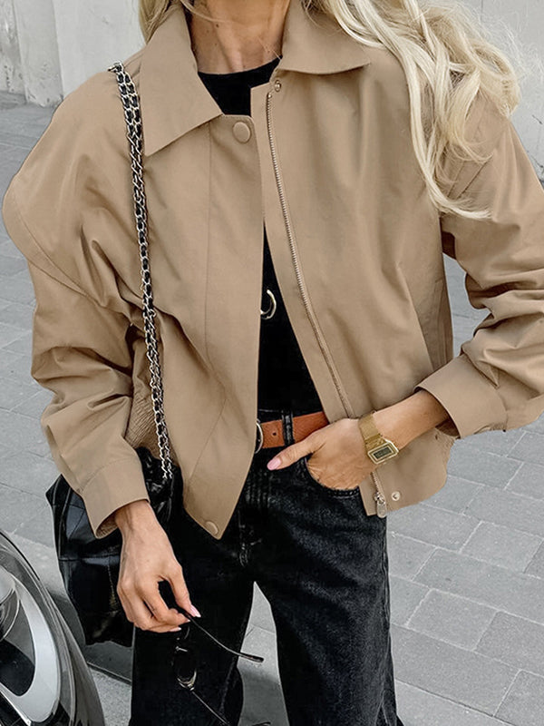 Veste ample boutonnée à manches longues, à taille élastique, à fermeture éclair, à col revers, couleur unie