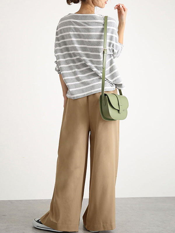 Pantalon taille haute à jambes larges, élastique, couleur unie, à empiècements, large côté
