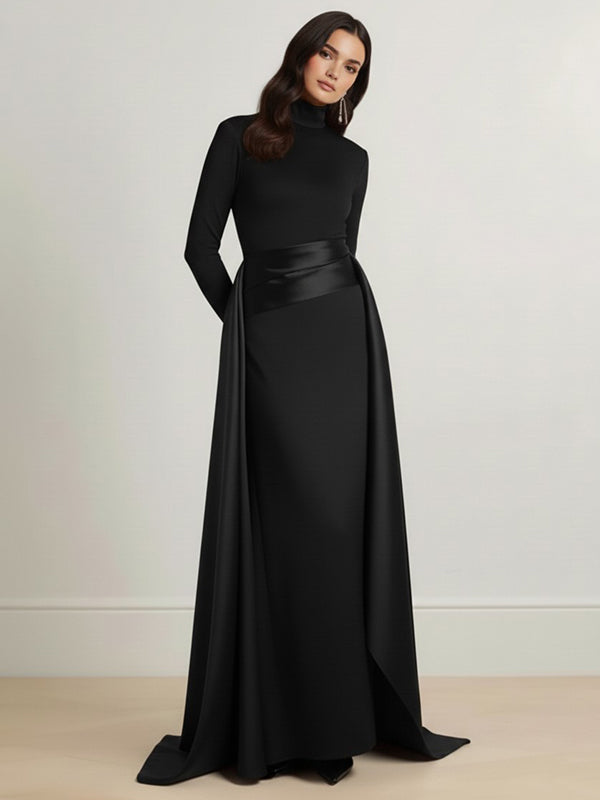 Robe longue moulante asymétrique à taille élastique, à empiècements, à col haut, couleur unie