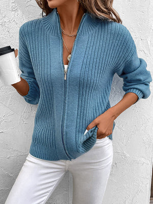 Cardigan ample à manches longues, à empiècements, à fermeture éclair, à col montant, couleur unie