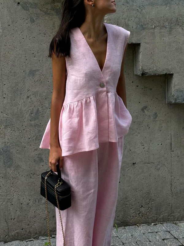 Ensemble deux pièces ample sans manches plissé à col en v + pantalon