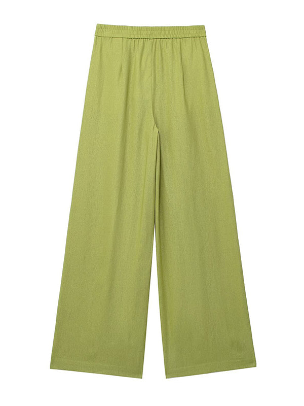 Ensemble deux pièces ample fendu sur le côté plissé à empiècements, à col revers, à taille élastique, couleur unie – chemisier + pantalon