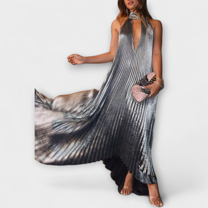 Calliope - Robe Maxi A-Ligne en Plissé Métallique