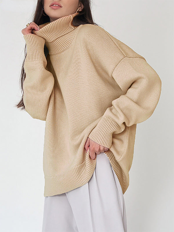 Pull en maille ample à manches longues, à col haut, couleur unie