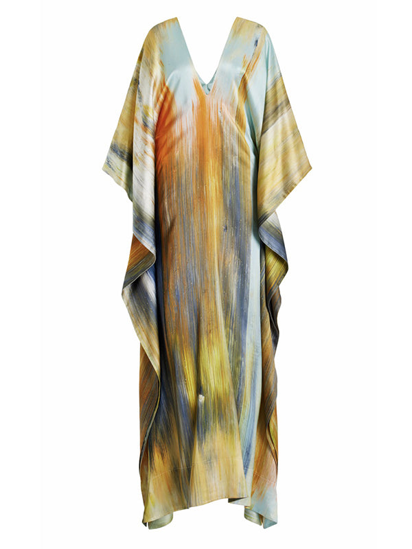 Robe longue ample imprimée à manches chauve-souris, à empiècements, à col en V