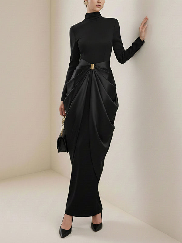 Robe de soirée longue drapée à manches longues, à boucle, à col haut