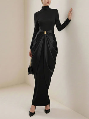 Robe de soirée longue drapée à manches longues, à boucle, à col haut