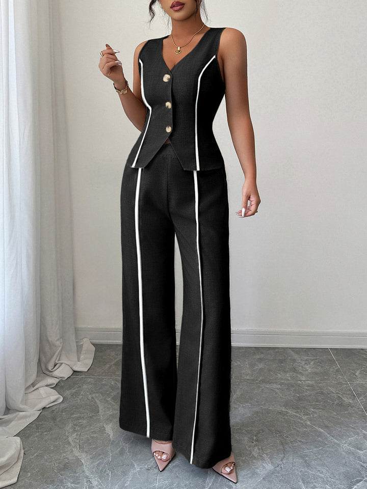 Ensemble deux pièces boutonné sans manches, à col en V, taille haute, couleur contrastée – chemisier + pantalon