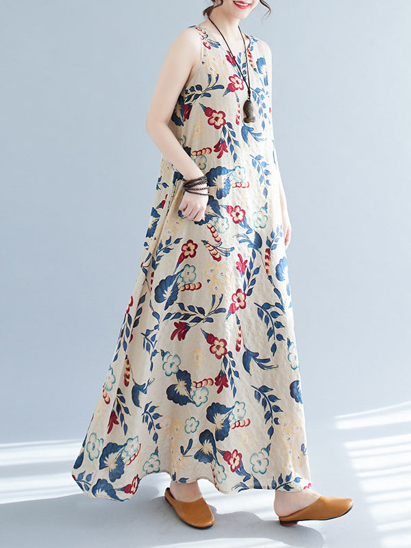 Robe longue ample sans manches, à imprimé floral, à col rond