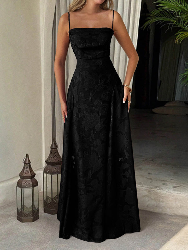 Robe longue plissée coupe trapèze, taille haute, en jacquard, à fines bretelles, couleur unie