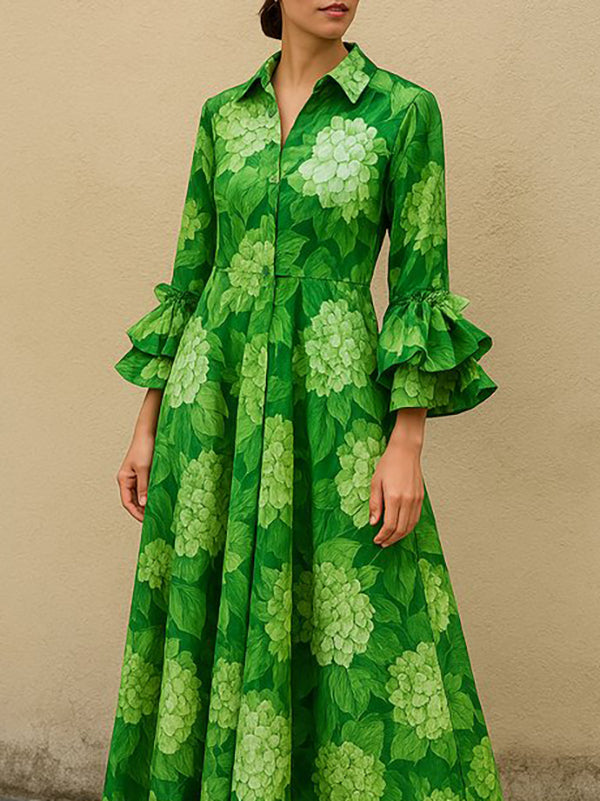 Robe longue plissée à manches évasées, taille haute, à imprimé floral, à col revers