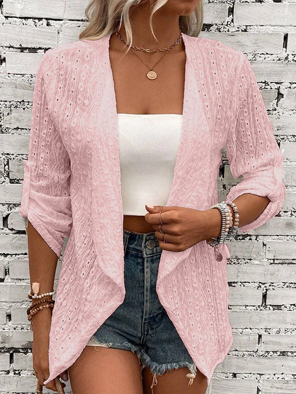 Veste ample boutonnée ajourée à manches longues, en jacquard, sans col, couleur unie