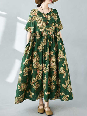 Robe mi-longue ample plissée à manches mi-longues, à imprimé floral, à poches, à col rond