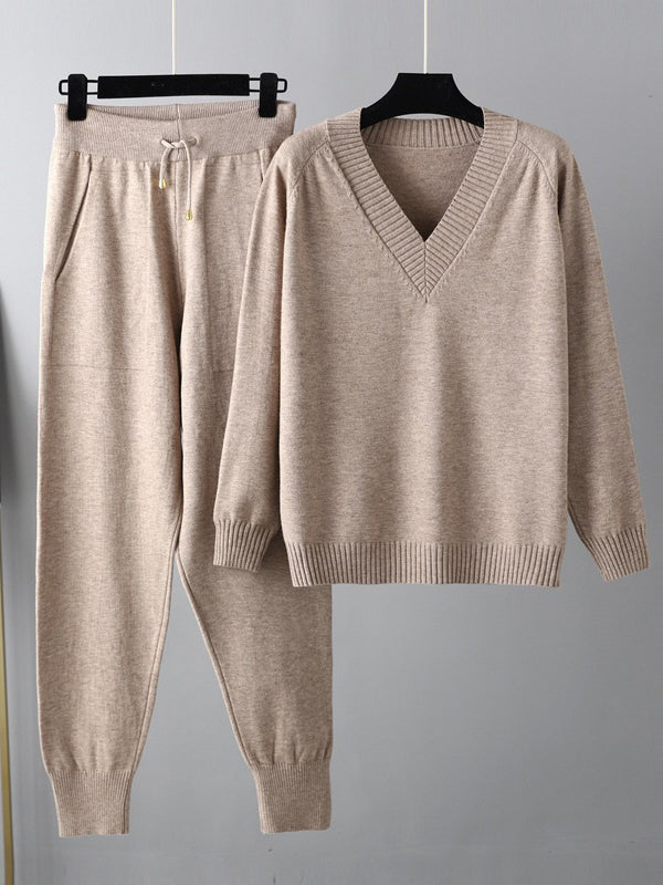 Ensemble deux pièces décontracté ample à col en V, couleur unie – sarouel + pull + pantalon