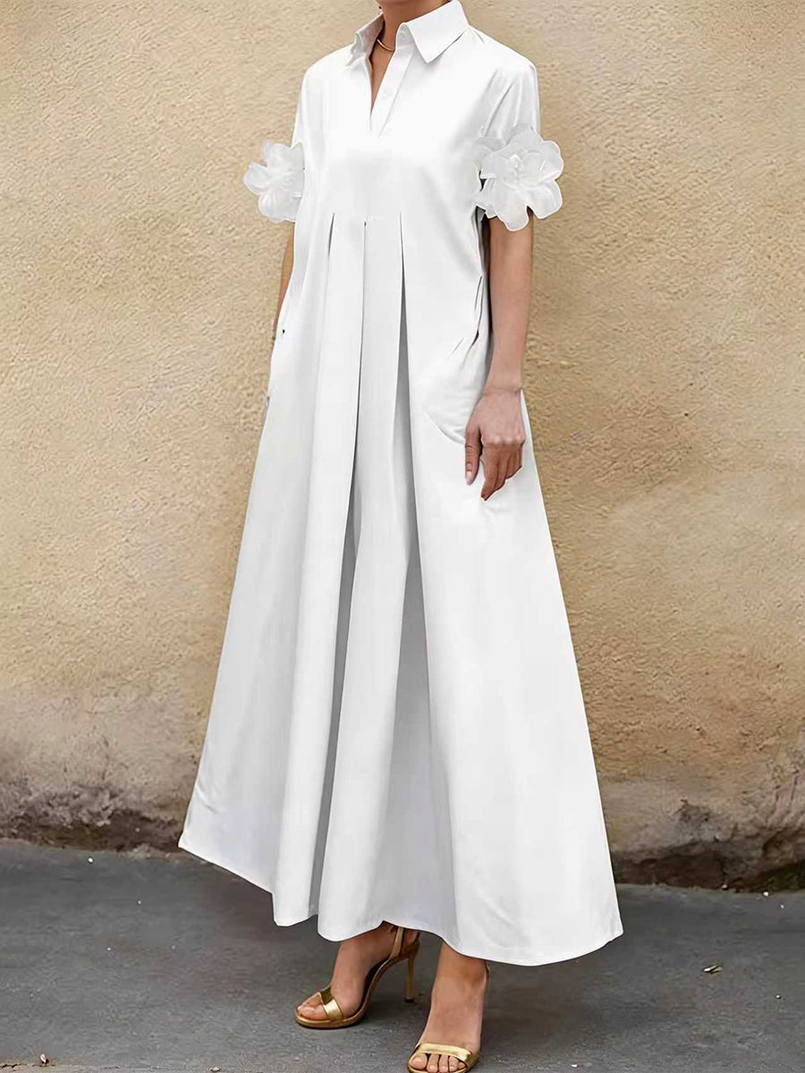 Robe chemise ample plissée coupe trapèze, à empiècements, à col revers, couleur unie