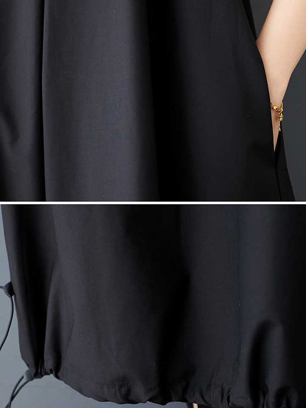 Robe mi-longue ample plissée coupe trapèze, à cordon de serrage, à poches, à fermeture éclair, à fines bretelles, couleur unie