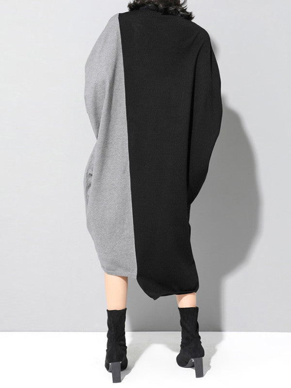 Robe décontractée ample à empiècements, à col haut, à manches longues, couleur contrastée