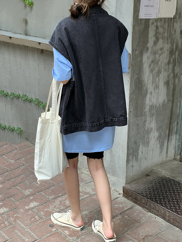Gilet sans manches simple à empiècements, en jean, couleur unie