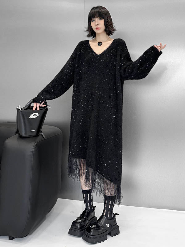 Robe pull brillante à coupe irrégulière, à manches longues, à sequins, à empiècements, à pompons, à col en V, couleur contrastée