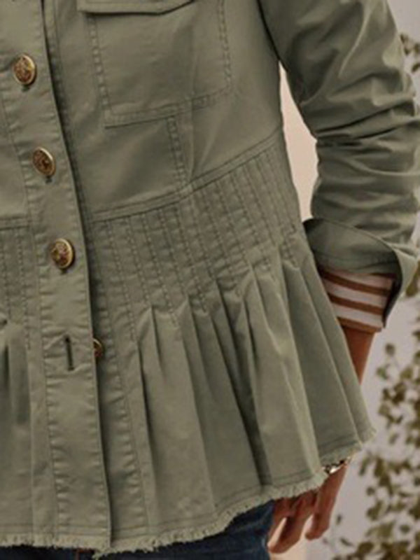 Veste boutonnée plissée à manches longues, à empiècements, à col montant