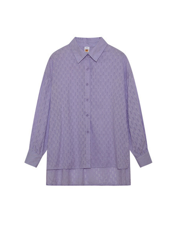 Ensemble deux pièces boutonné à ourlet plongeant, à manches longues, en jacquard, à col revers, couleur unie – chemise + haut + short