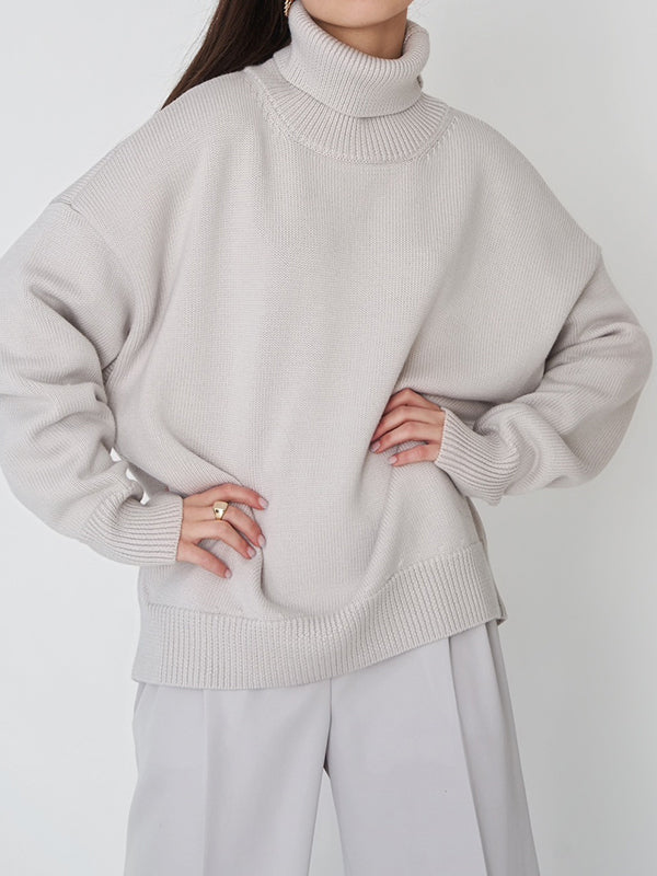 Pull en maille ample à manches longues, à col haut, couleur unie